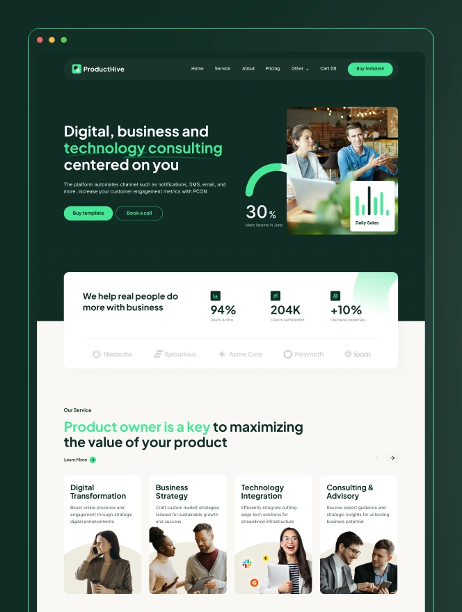 Product Hive is a professional service focused template that is created for marketing, consultancy or product teams. It offers a clean & minimal look, it is perfect for business team that wants to highlight their revenues or growth.